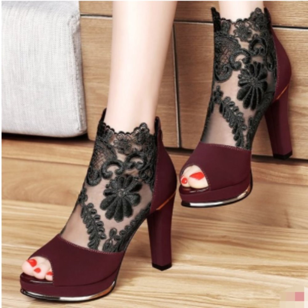 FSJ Red Chunky Heel Peep Toe Lace Sexy Ankle Boot